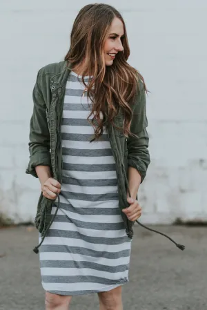 Striped Tee Dress: White and Gray Thick Stripes