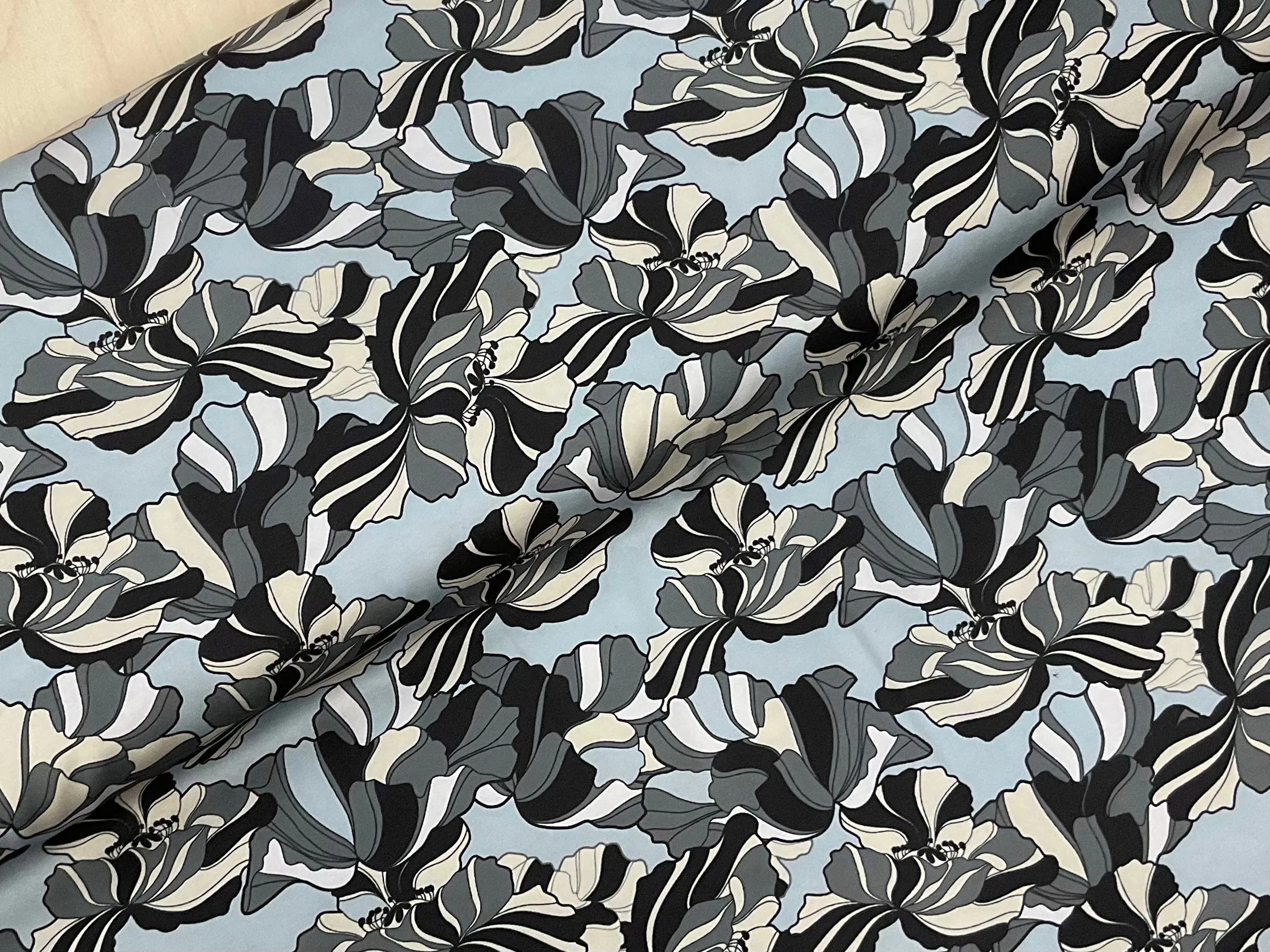 Stripey Flowers on Dusky Blue Polyester Satin