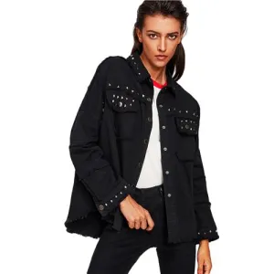 Studded Frayed Hem Denim Jacket