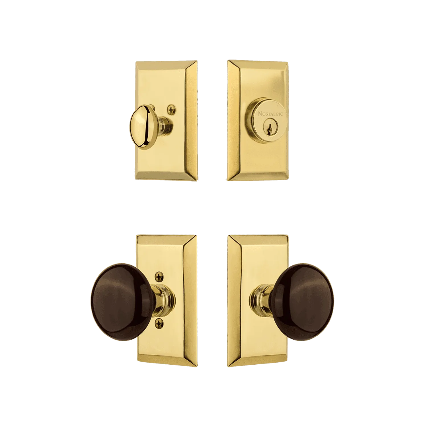 Studio Entry Set with Brown Porcelain Knob in Polished Brass