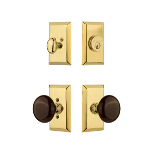 Studio Entry Set with Brown Porcelain Knob in Polished Brass