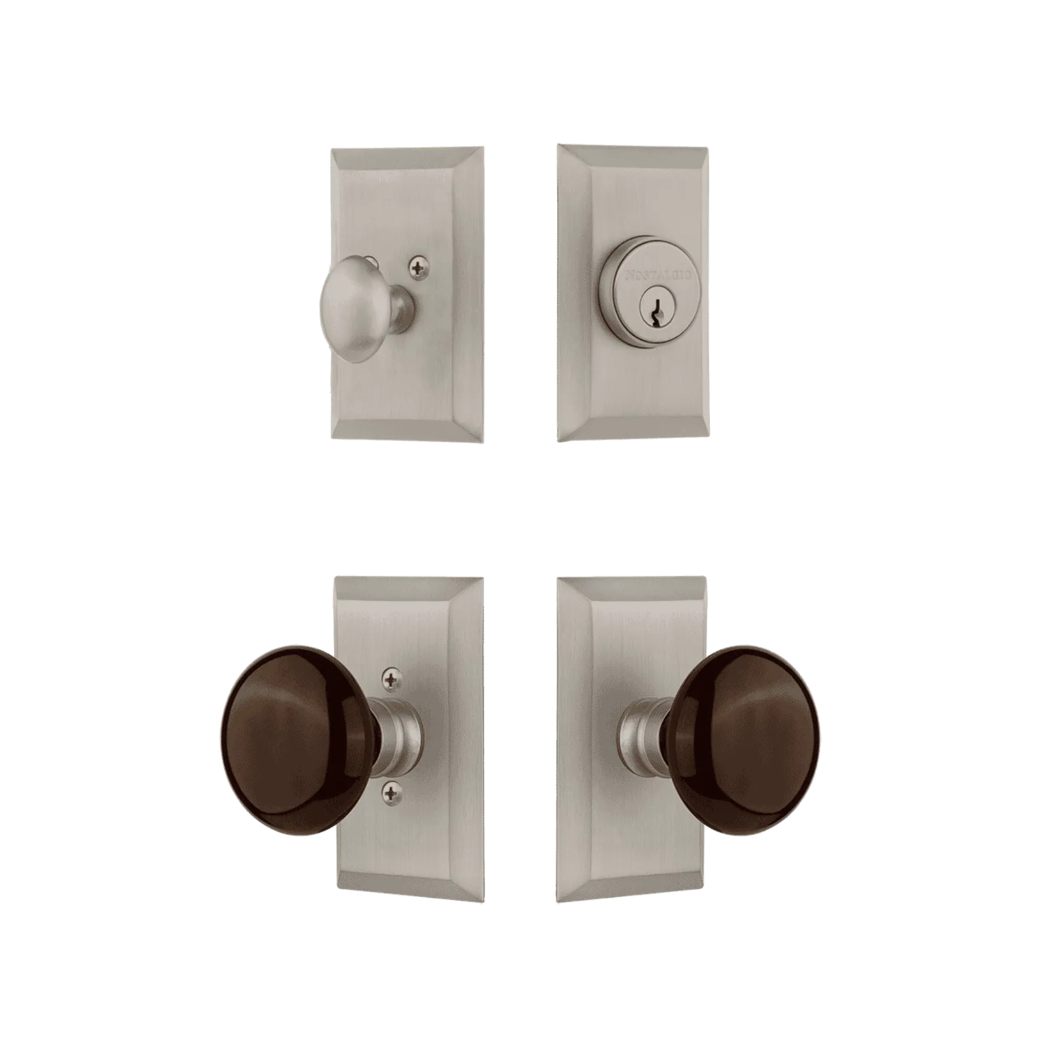 Studio Entry Set with Brown Porcelain Knob in Satin Nickel