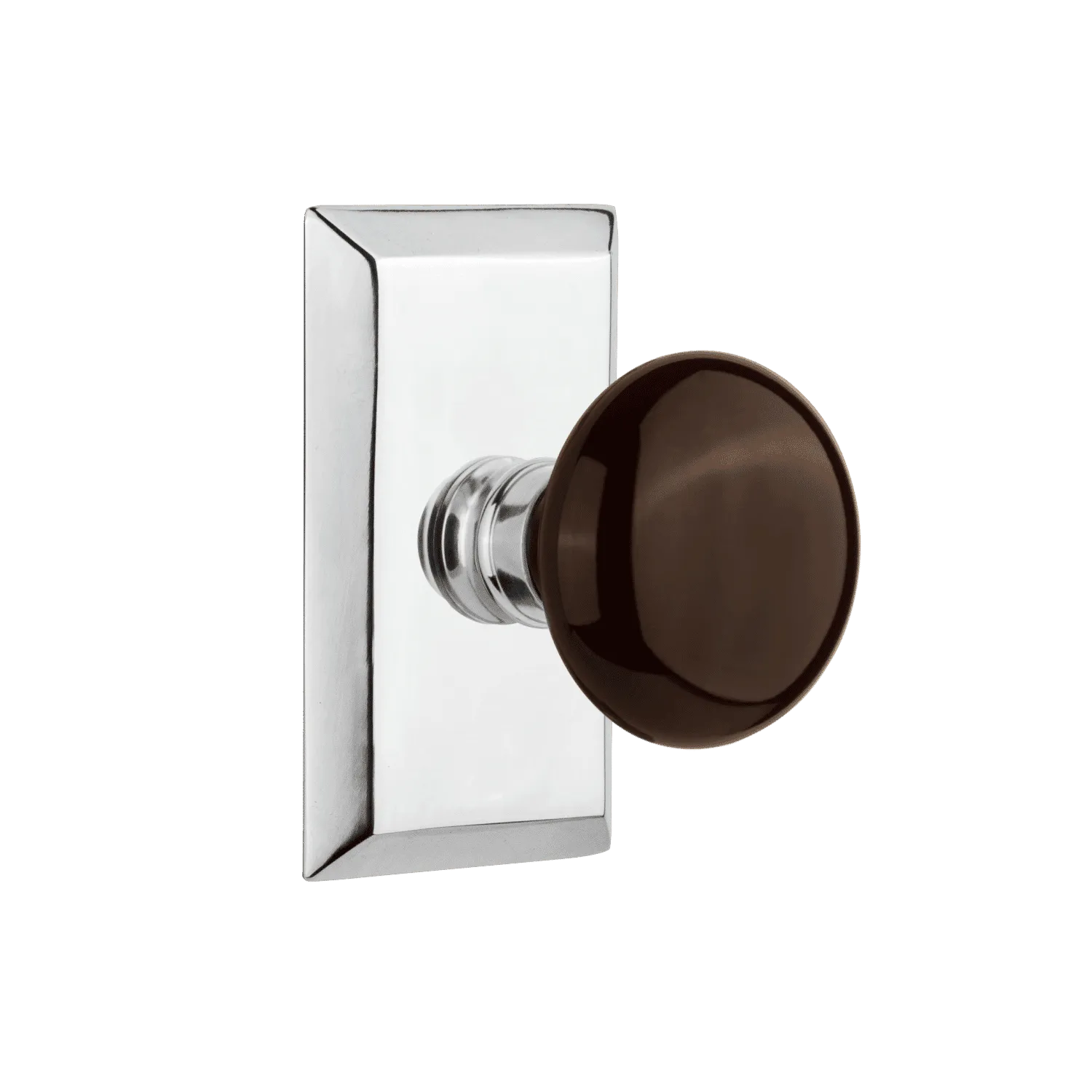 Studio Short Plate with Brown Porcelain Knob in Bright Chrome