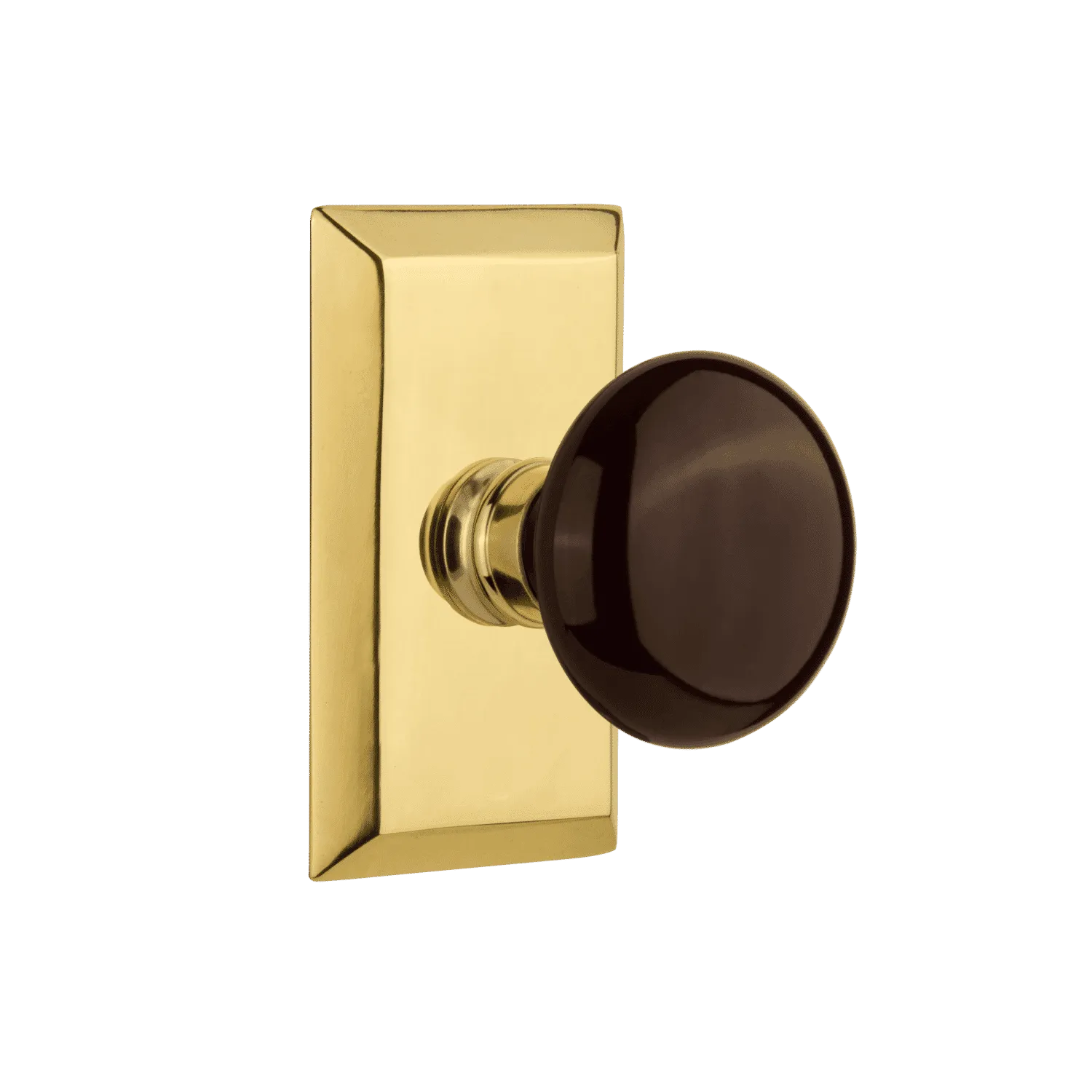 Studio Short Plate with Brown Porcelain Knob in Polished Brass