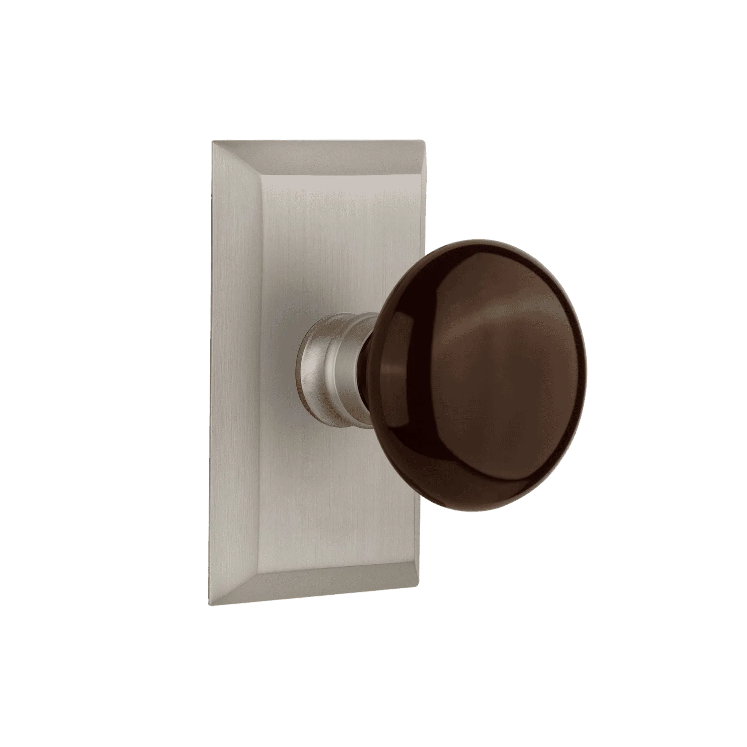 Studio Short Plate with Brown Porcelain Knob in Satin Nickel