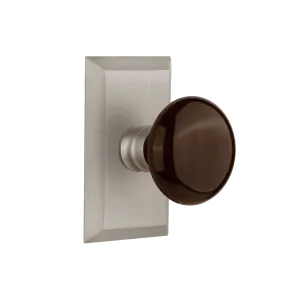 Studio Short Plate with Brown Porcelain Knob in Satin Nickel