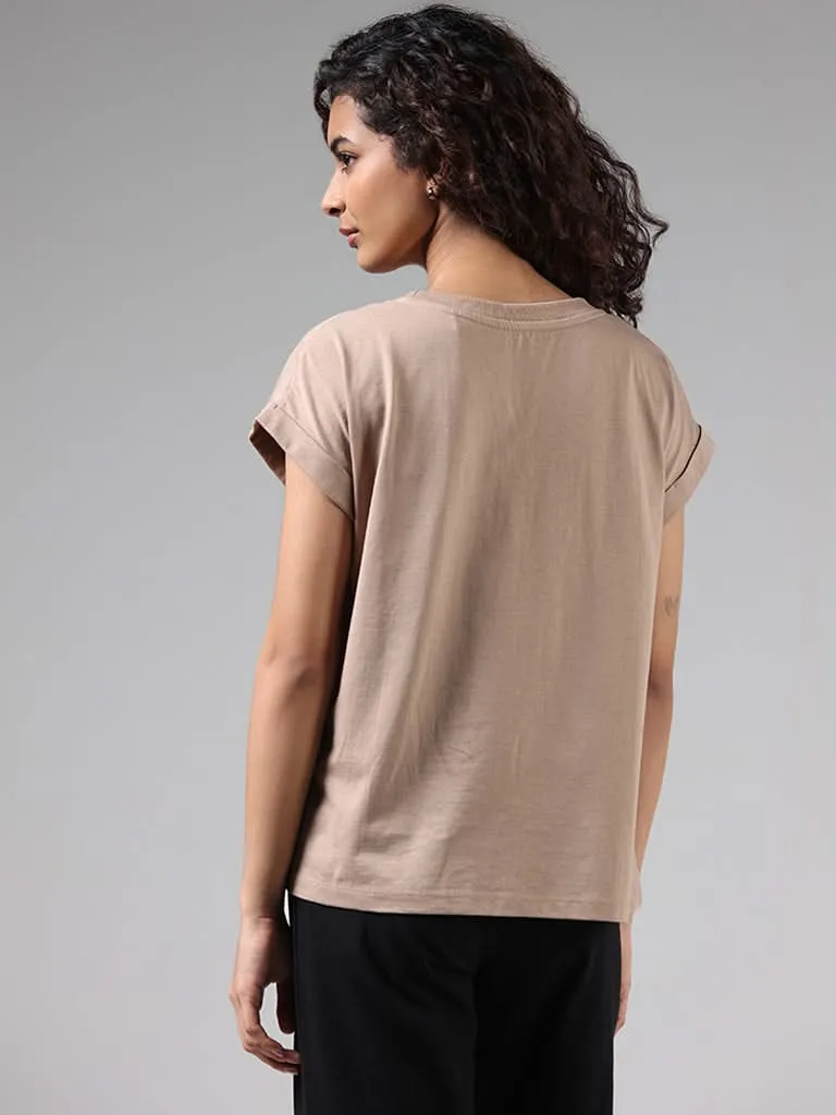 Studiofit Graphic Printed Beige Cotton T-Shirt