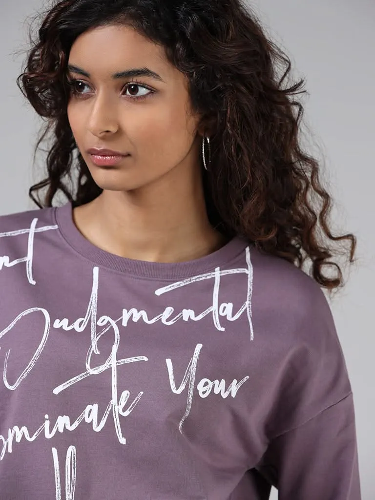 Studiofit Mauve Typographic Printed Cotton T-Shirt