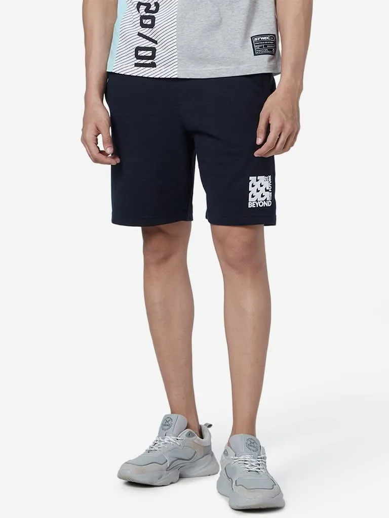 Studiofit Navy Text Design Slim Fit Shorts