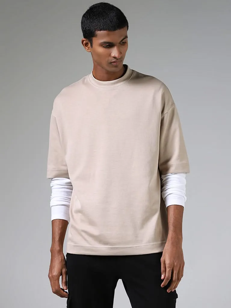 Studiofit Plain Beige Cotton Blend Relaxed-Fit T-Shirt