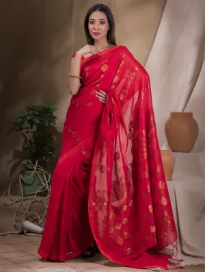 Stunning Beauty. Pure Linen Handwoven Jamdani Saree - Vibrant Red & Gold (With Blouse Piece)