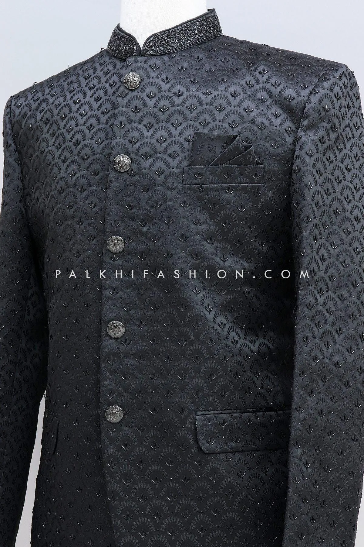 Stunning Black Pure Silk Jodhpuri Suit With Handwork