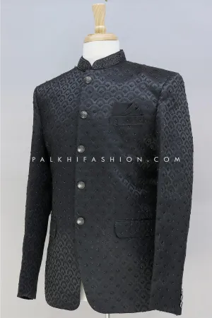 Stunning Black Pure Silk Jodhpuri Suit With Handwork