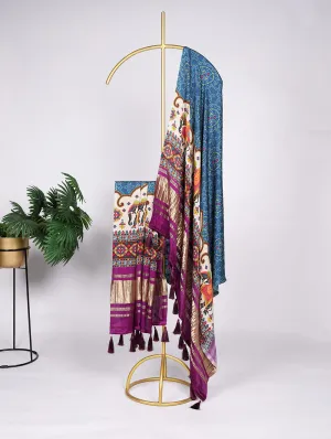 Stunning Blue Gaji Silk Bandhej Dupatta with Digital Print & Lagadi Patti Work