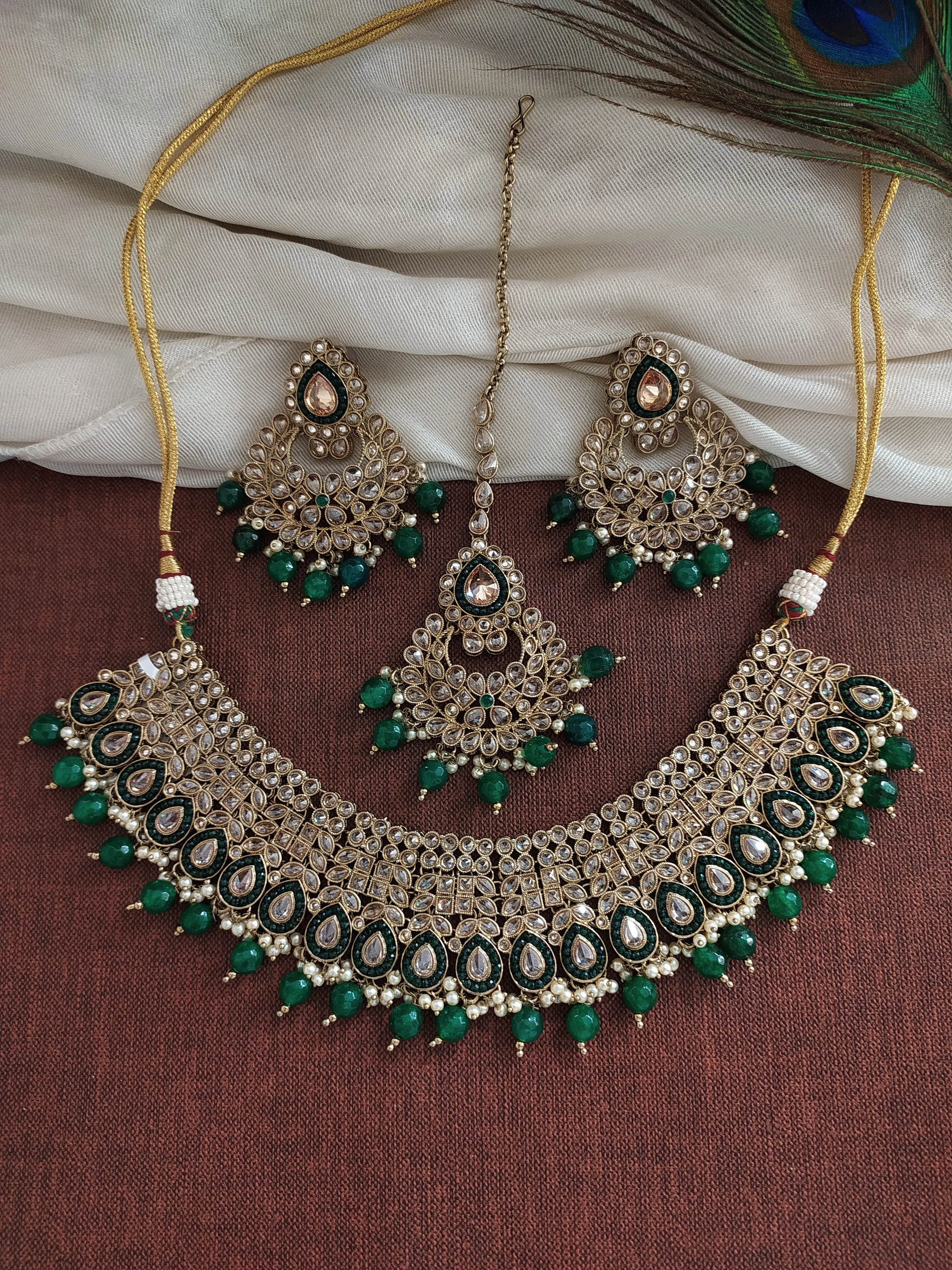 Stunning Bridal Emerald Choker Set With Green Drops