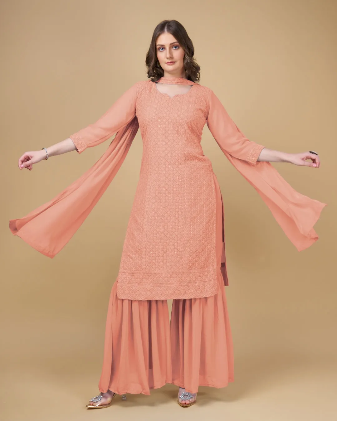 Stunning Faux Georgette Sharara Kurti Dupatta Set - Embroidered Elegance