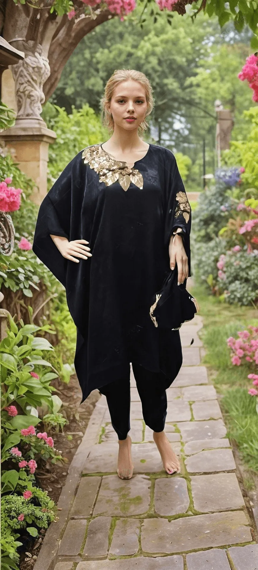 Stunning Floral Embroidered Dhoti Kaftan Set with Potli Bag