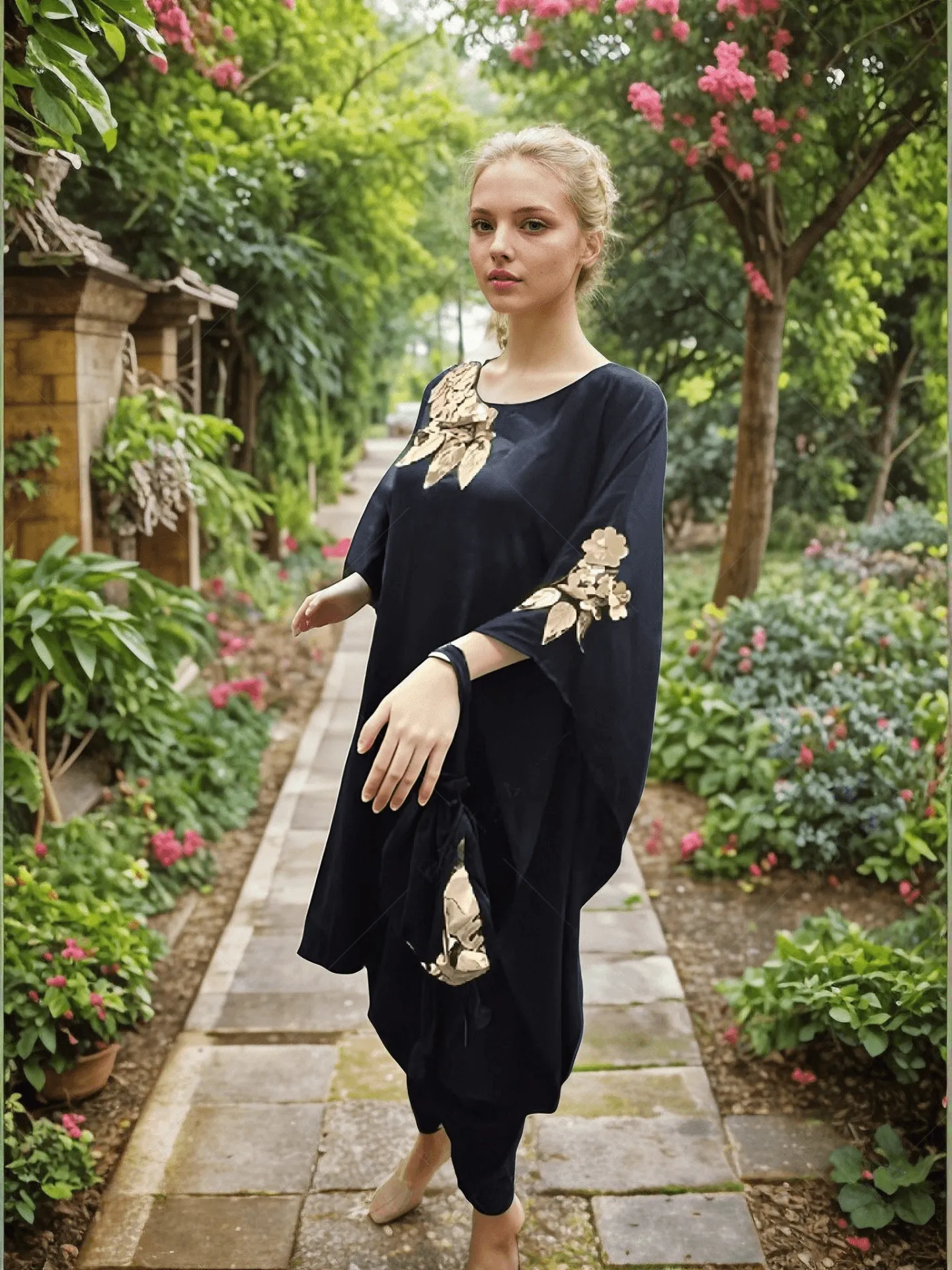 Stunning Floral Embroidered Dhoti Kaftan Set with Potli Bag