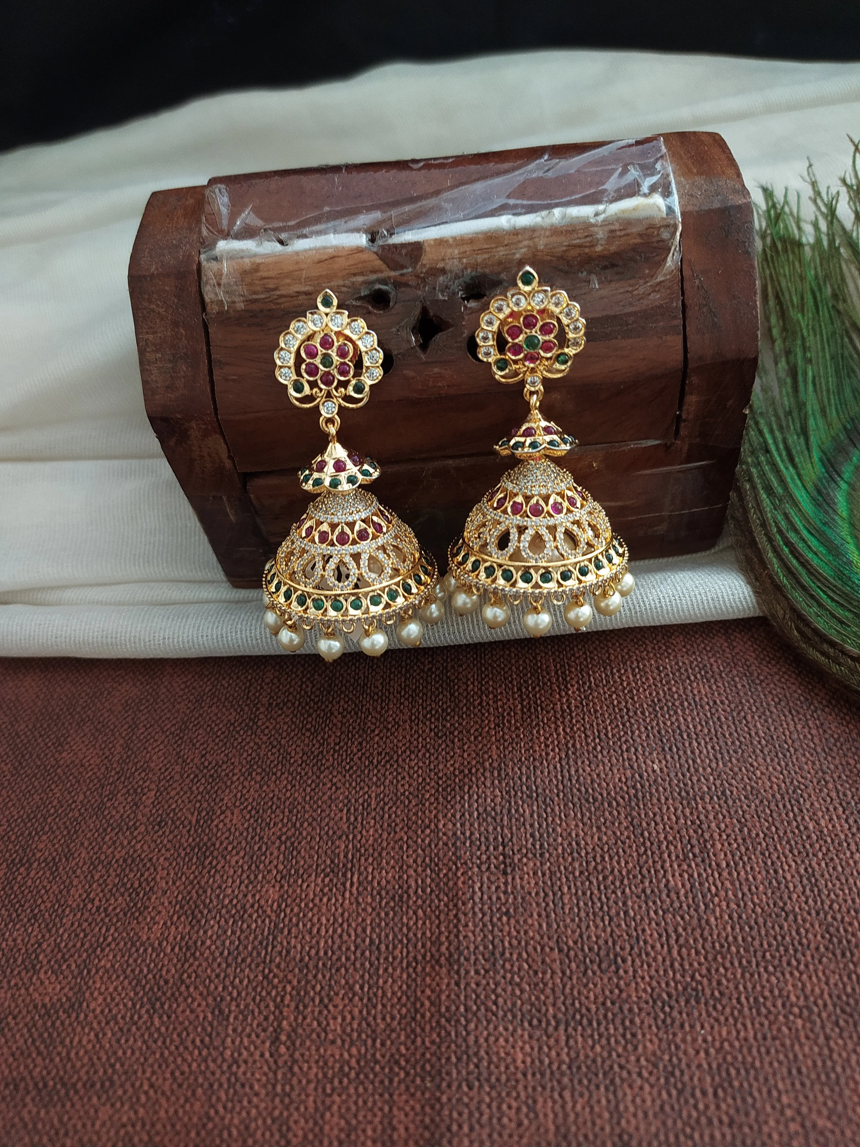 Stunning Gold Plated Jhumka With Zircon Stones With Pearl Drops