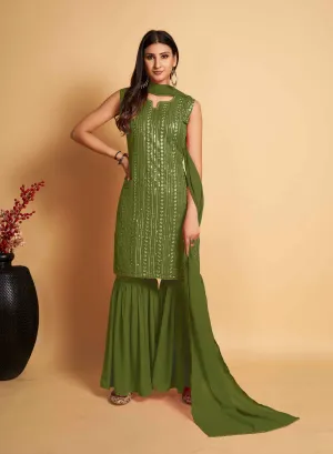 Stunning Green Designer Sharara Kurti Dupatta Set - Embroidered Faux Georgette & Georgette