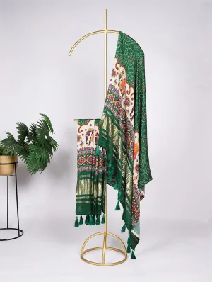 Stunning Green Gaji Silk Bandhej Dupatta with Digital Print & Lagadi Patti Work