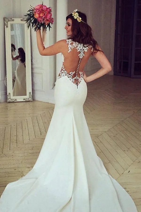 Stunning Mermaid Sleeveless Lace Wedding Dress Zipper Button WD041