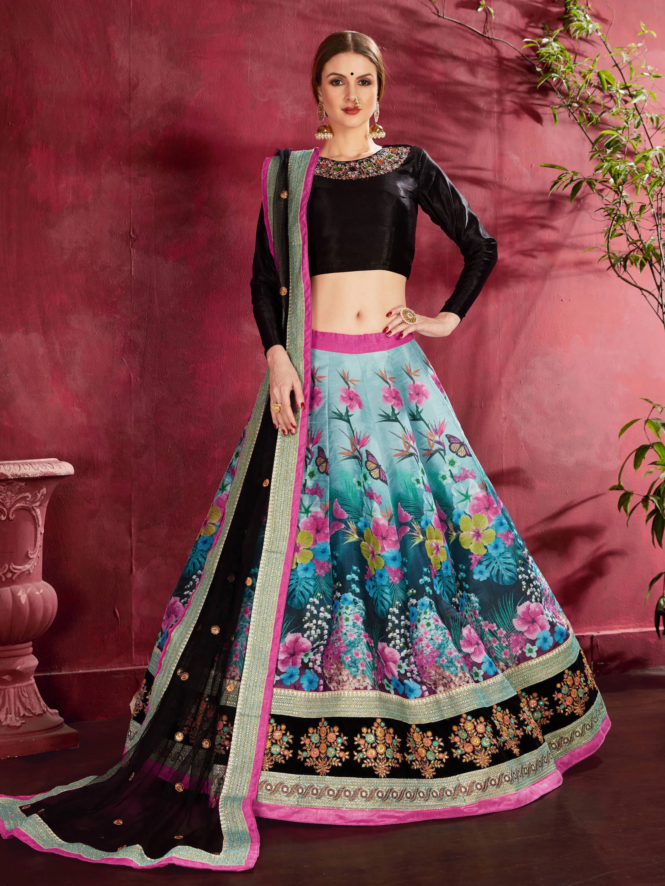 Stunning Multi Color Floral Printed Banglory Silk Wedding Lehenga Choli With Dupatta