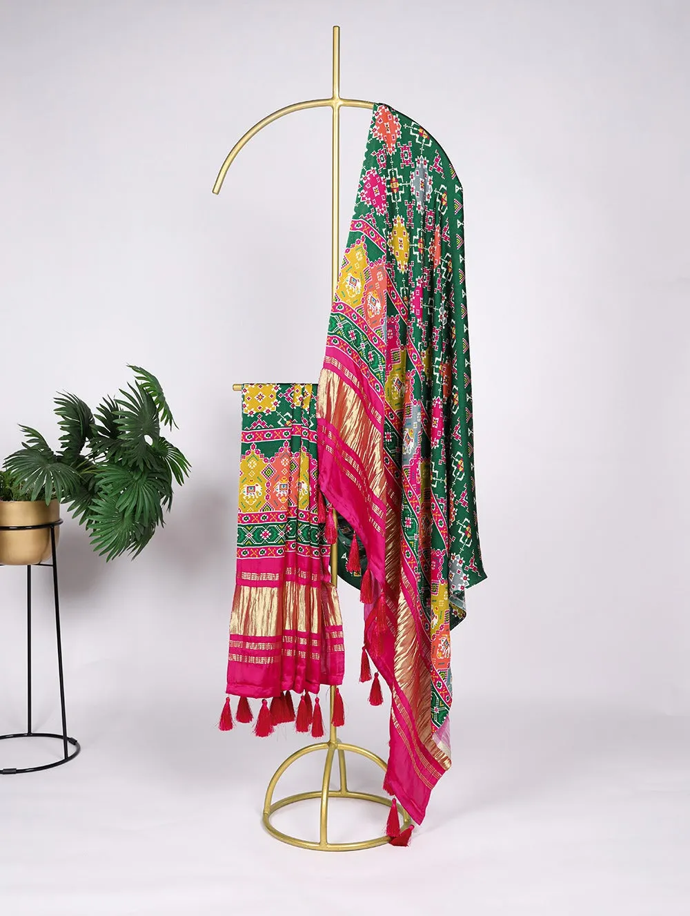 Stunning Multi Color Gaji Silk Bandhej Dupatta with Digital Print & Lagadi Patti Work