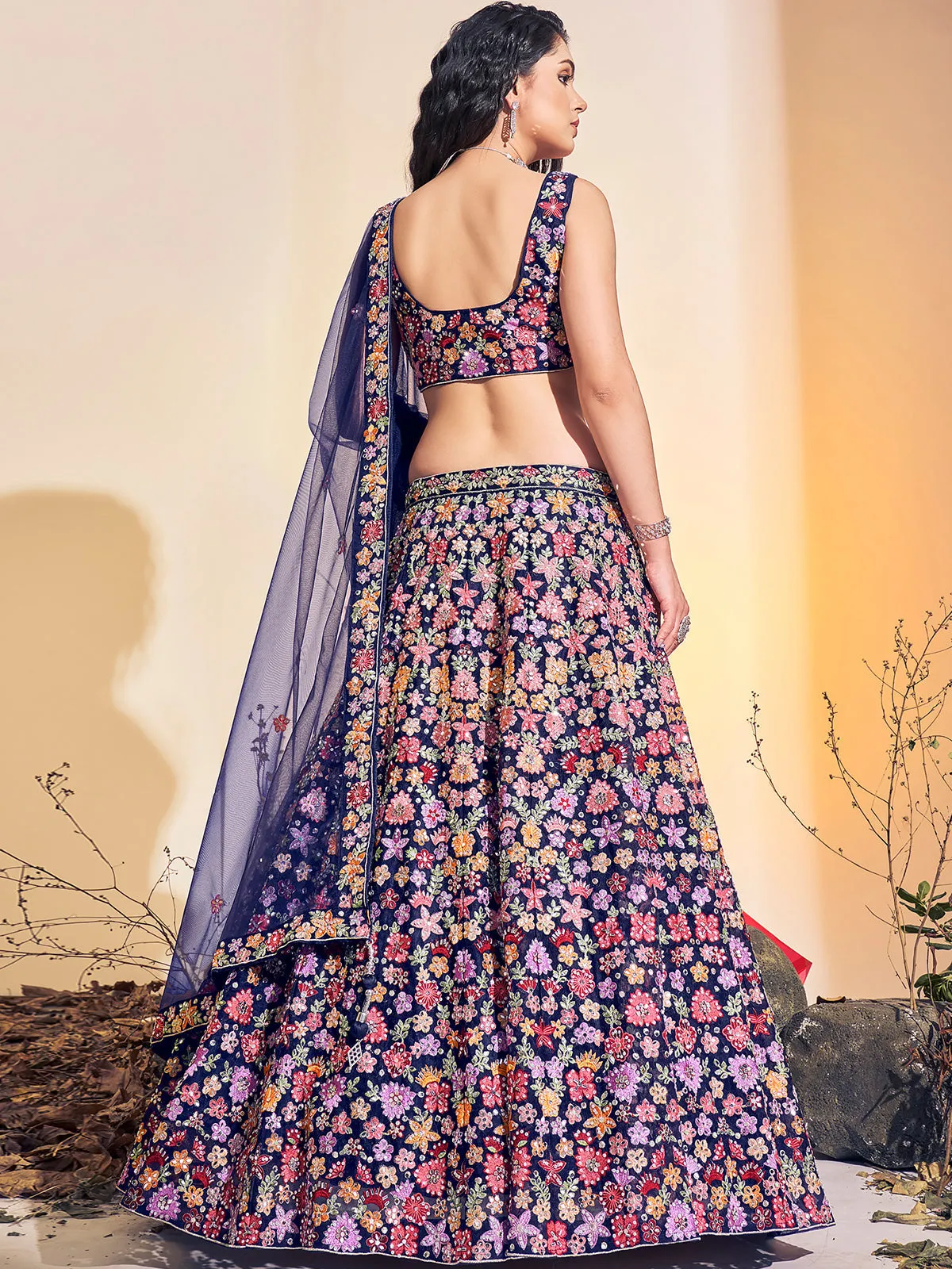 Stunning Navy-Blue Soft Net Thread Work Stitched Lehenga Choli Set