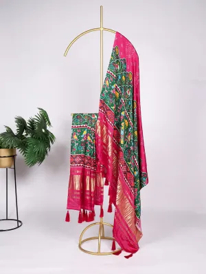 Stunning Pink Gaji Silk Bandhej Dupatta with Digital Print & Lagadi Patti Work