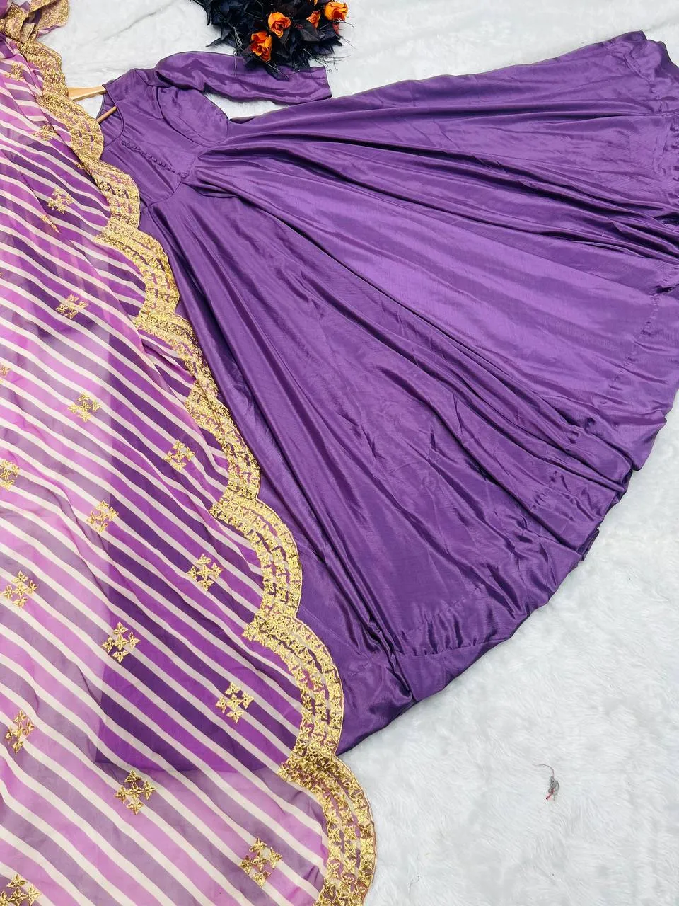 Stunning Purple Color Silk Gown With Work Dupatta