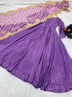 Stunning Purple Color Silk Gown With Work Dupatta