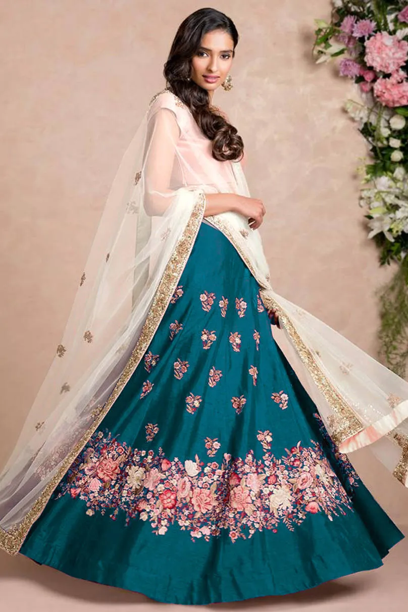 Stunning Rama Colored Floral Embroidered Lehenga Choli