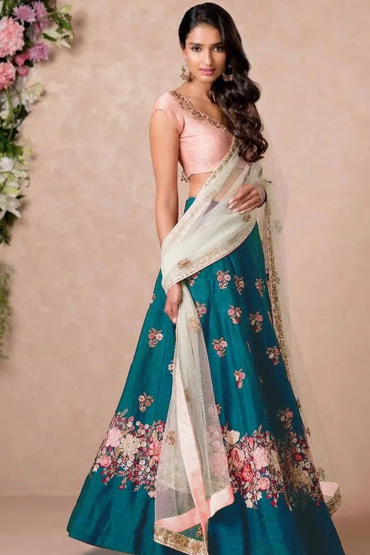 Stunning Rama Colored Floral Embroidered Lehenga Choli