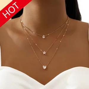 Stunning Rhinestone Necklace Set Zircon Heart  Star Charms