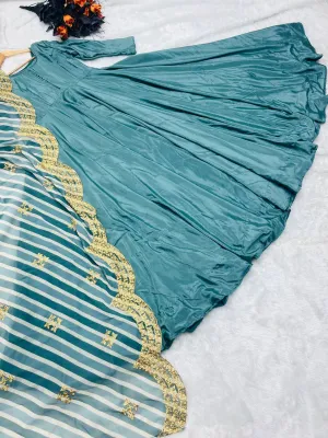 Stunning Teal Blue Color Silk Gown With Work Dupatta