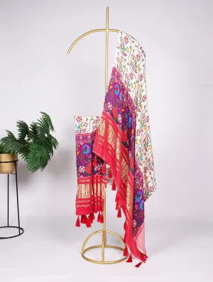 Stunning White Gaji Silk Bandhej Dupatta with Digital Print & Lagadi Patti Work