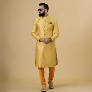 Stunning Yellow Banarasi Brocade Achkan for Men | Father Son Combo | Perfect for Grooms