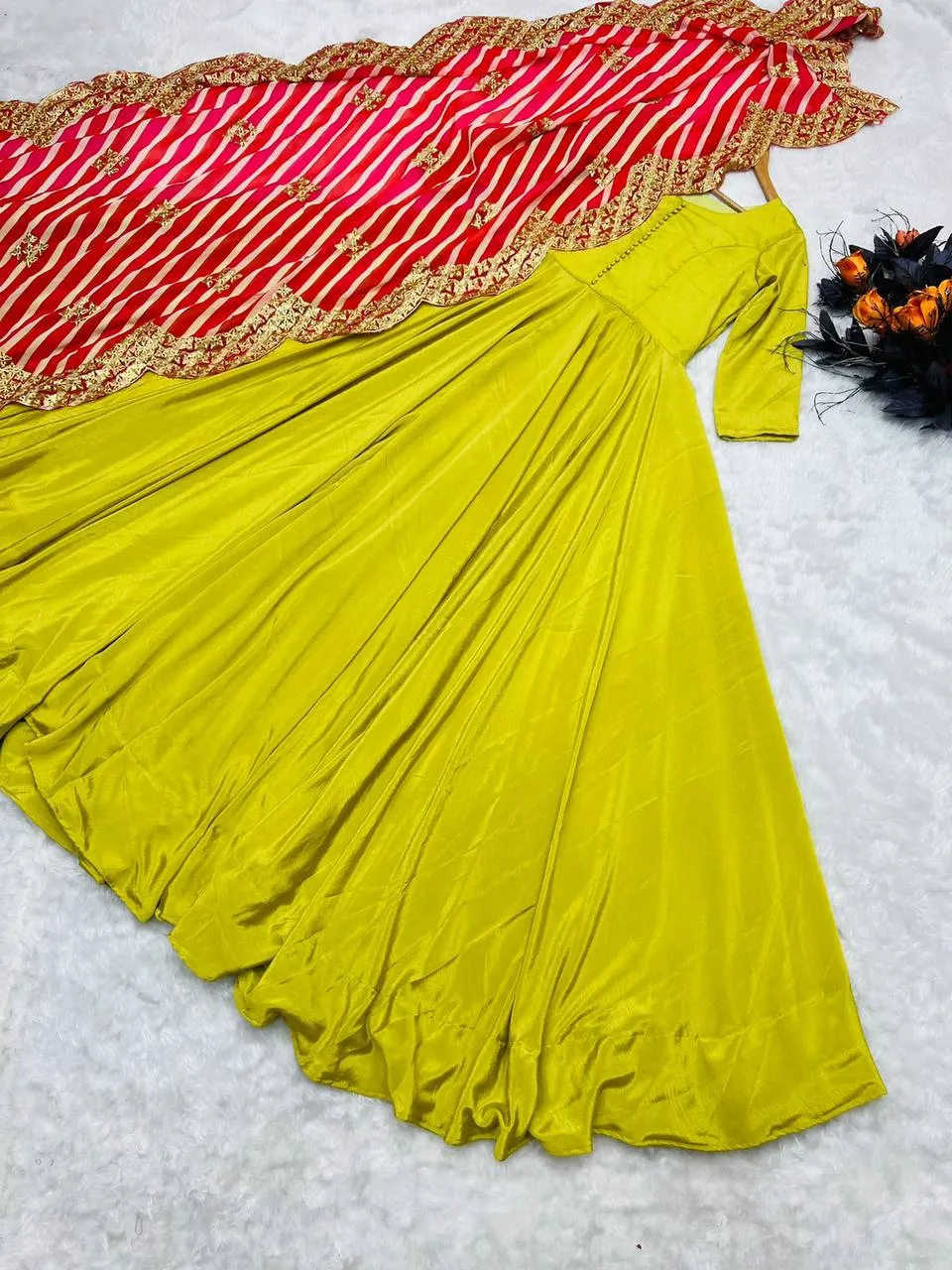 Stunning Yellow Color Silk Gown With Work Dupatta