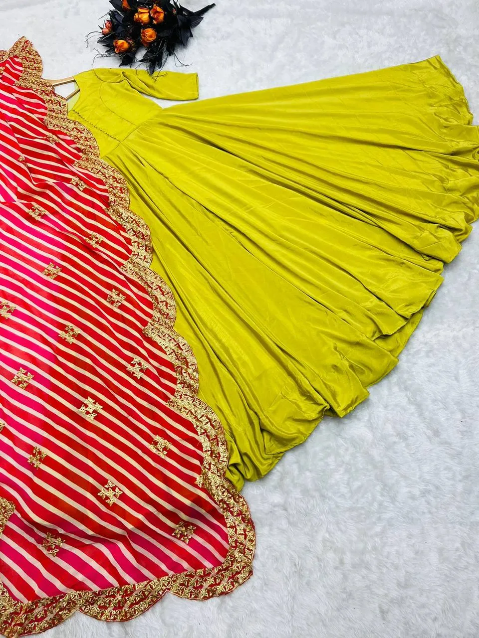 Stunning Yellow Color Silk Gown With Work Dupatta