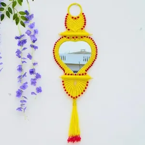 Style and Creativity Handmade Macrame Heart-Shaped Wall Hanging Mirror Boho Decorative for Living Bedroom Home Décor (Yellow, Pack of 1)