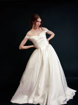 Style D2406 - Lux Satin off-the-shoulder Pleated Bodice Elegant A-line gown