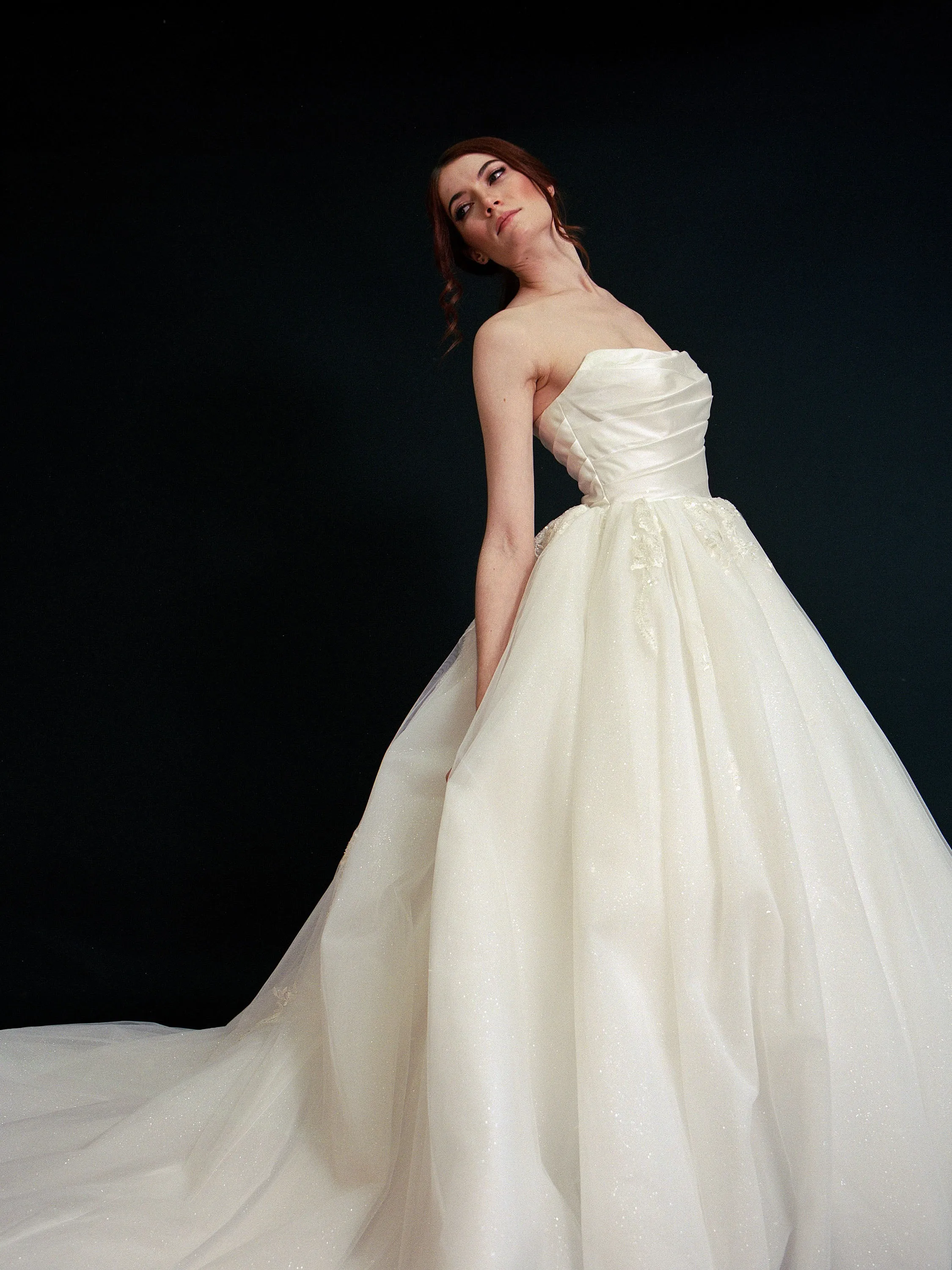 Style E2404 - Strapless Lux Satin Pleated Upper Bodice Embroidered Lace glittering tulle ballgown princess wedding dress