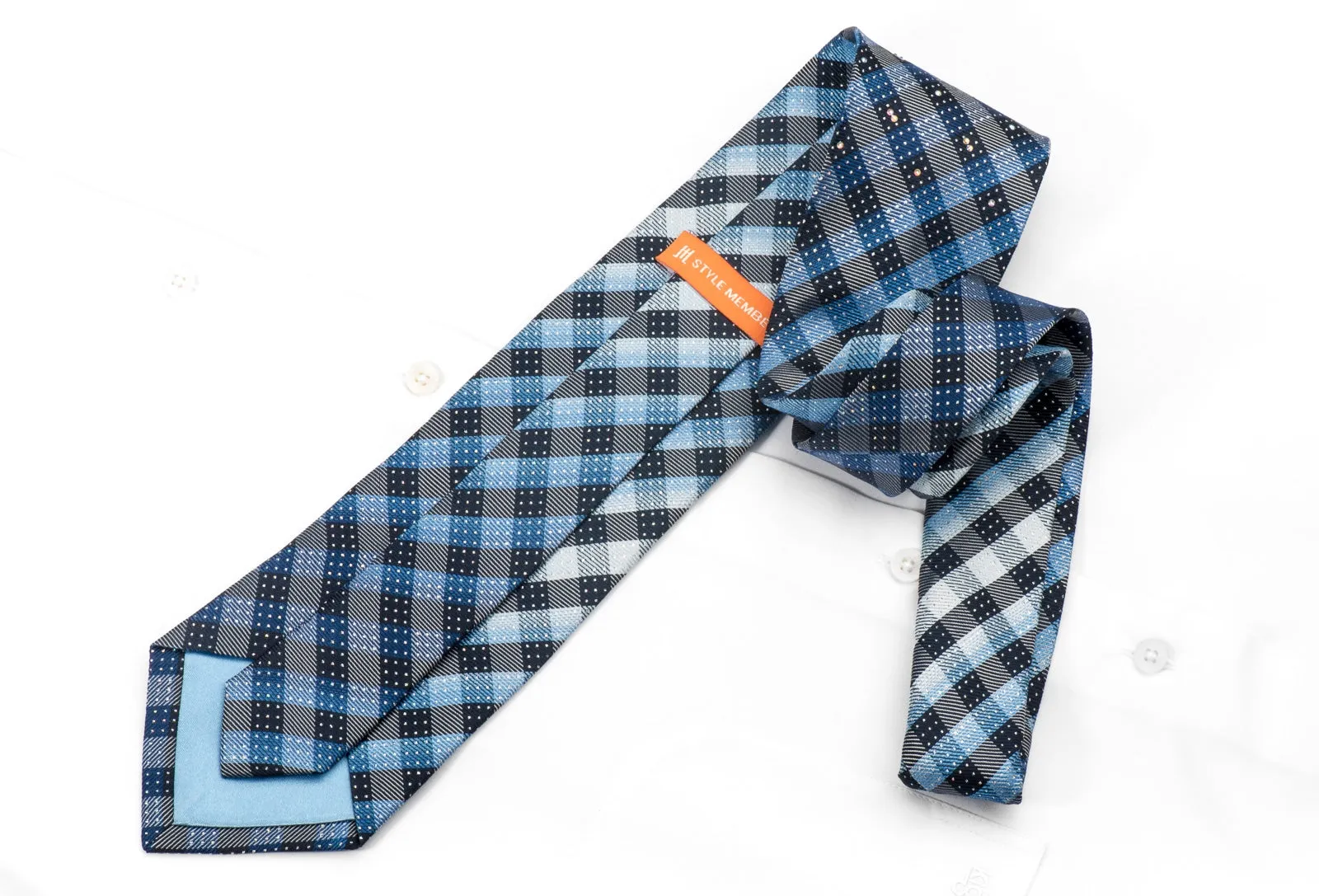 Style Members Men's Silk Rhinestone Tie Blue Plaids With Silver Sparkles