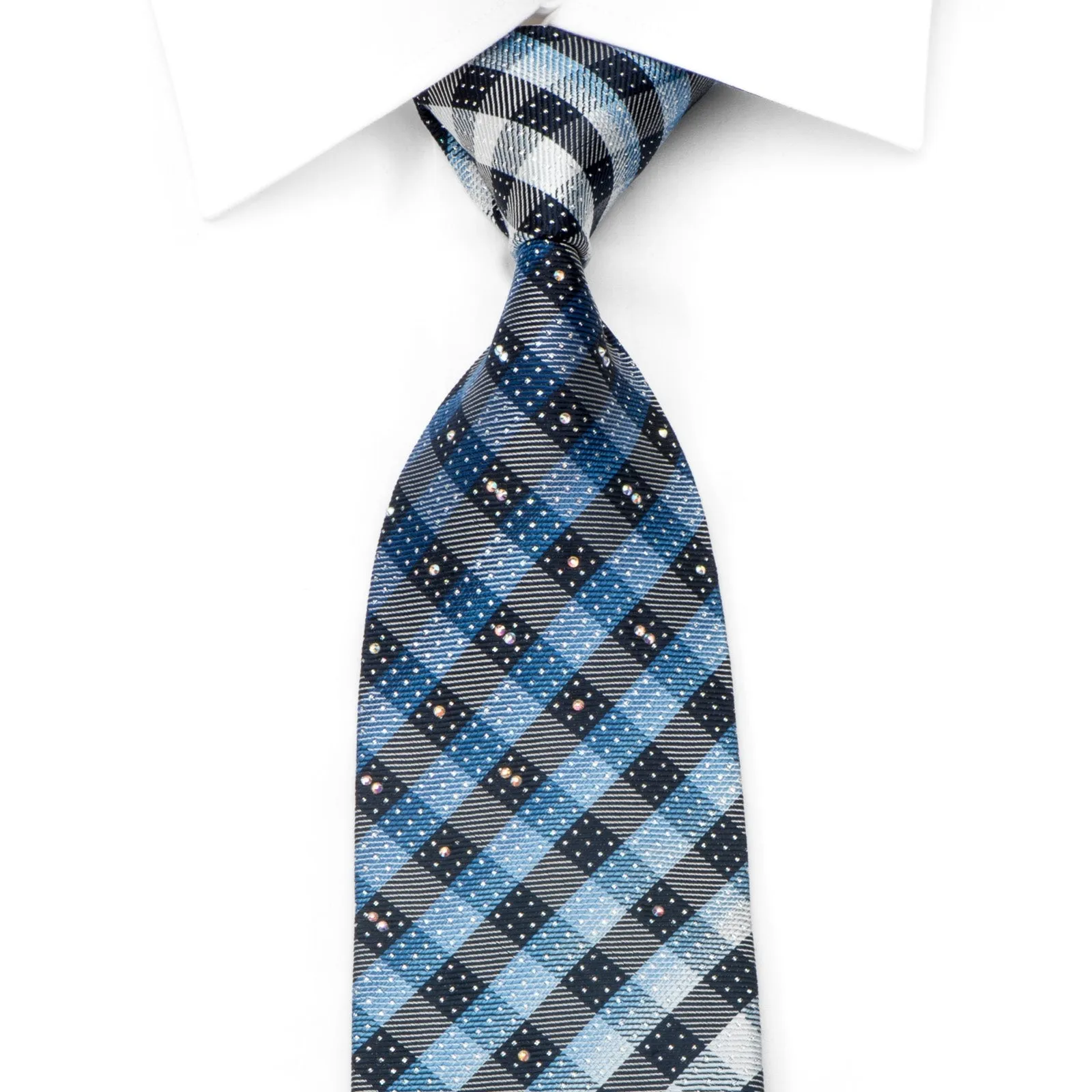 Style Members Men's Silk Rhinestone Tie Blue Plaids With Silver Sparkles