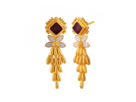 Stylish 22k Floral Gold Drop Earrings With Meenakari Work