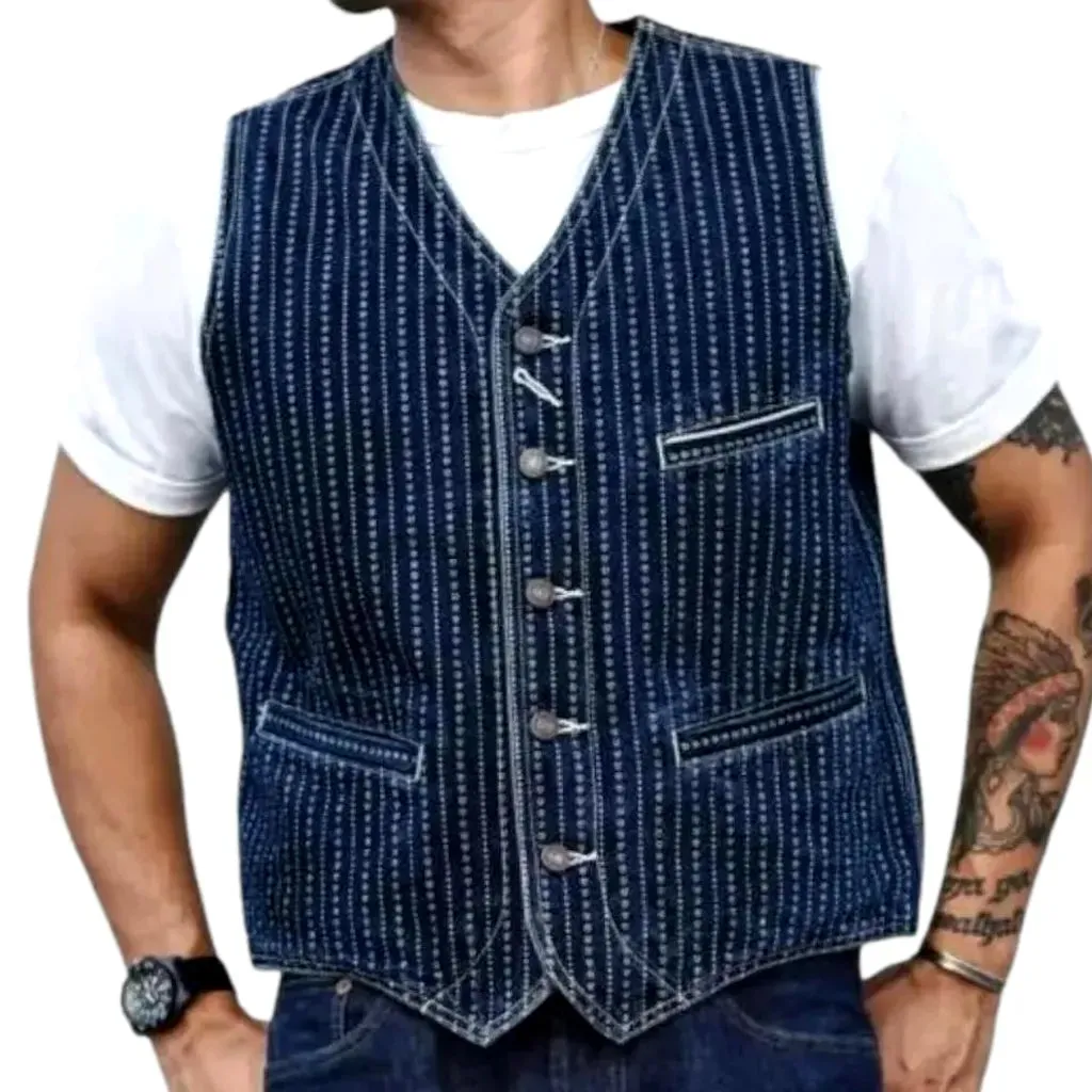 Stylish back-cinch self-edge jean vest for men