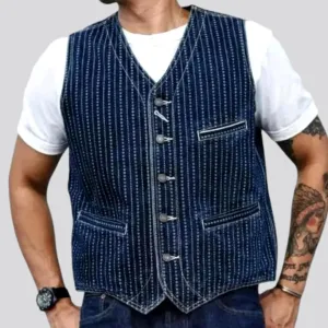 Stylish back-cinch self-edge jean vest for men