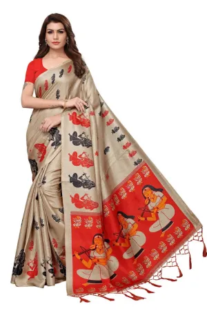 Stylish Beige Printed Khadi Silk Saree With Blouse Piece