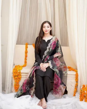 Stylish Black Color Cotton Sharara Suit with Organza Dupatta